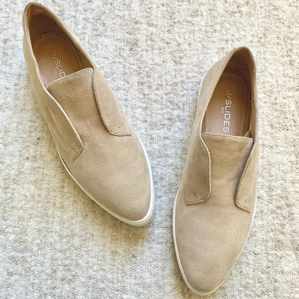 J/Slides Suede Pointed Toe Laceless Slip On Platform Sneaker Size 9 Beige Nude